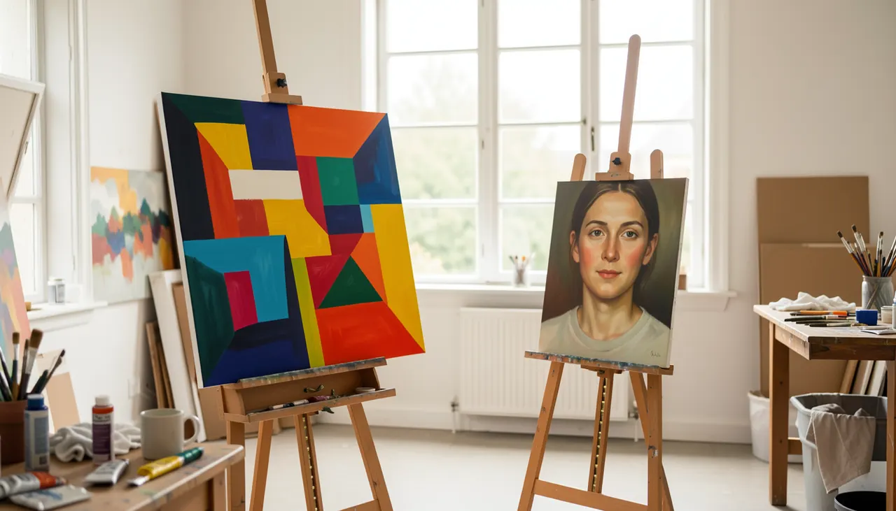 Atelier d'artiste avec grande toile abstraite acrylique colors vifs et petite toile huile portrait réaliste côte à côte sur chevalets