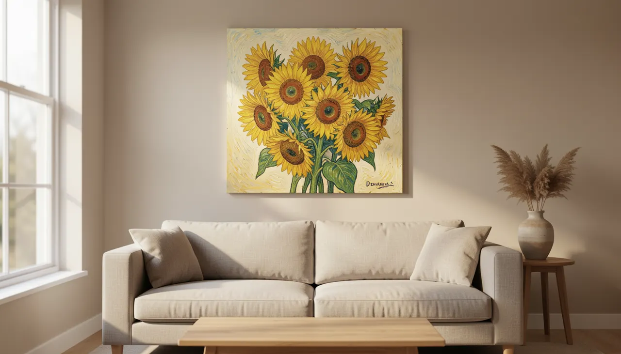 Tournesols Van Gogh salon Reproduction sur toile des Tournesols de Van Gogh accrochée dans un salon contemporain