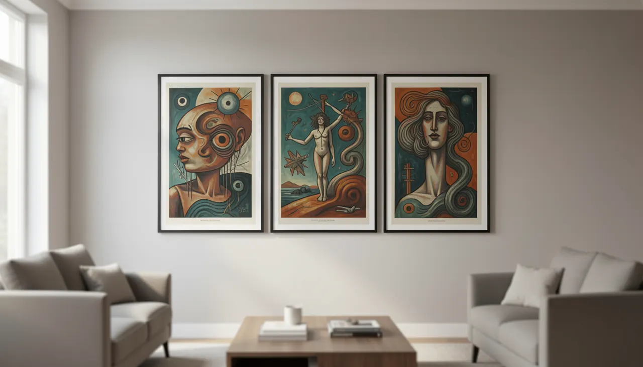 Triptyque surréaliste en décoration Mur de salon avec triptyque surréaliste encadré