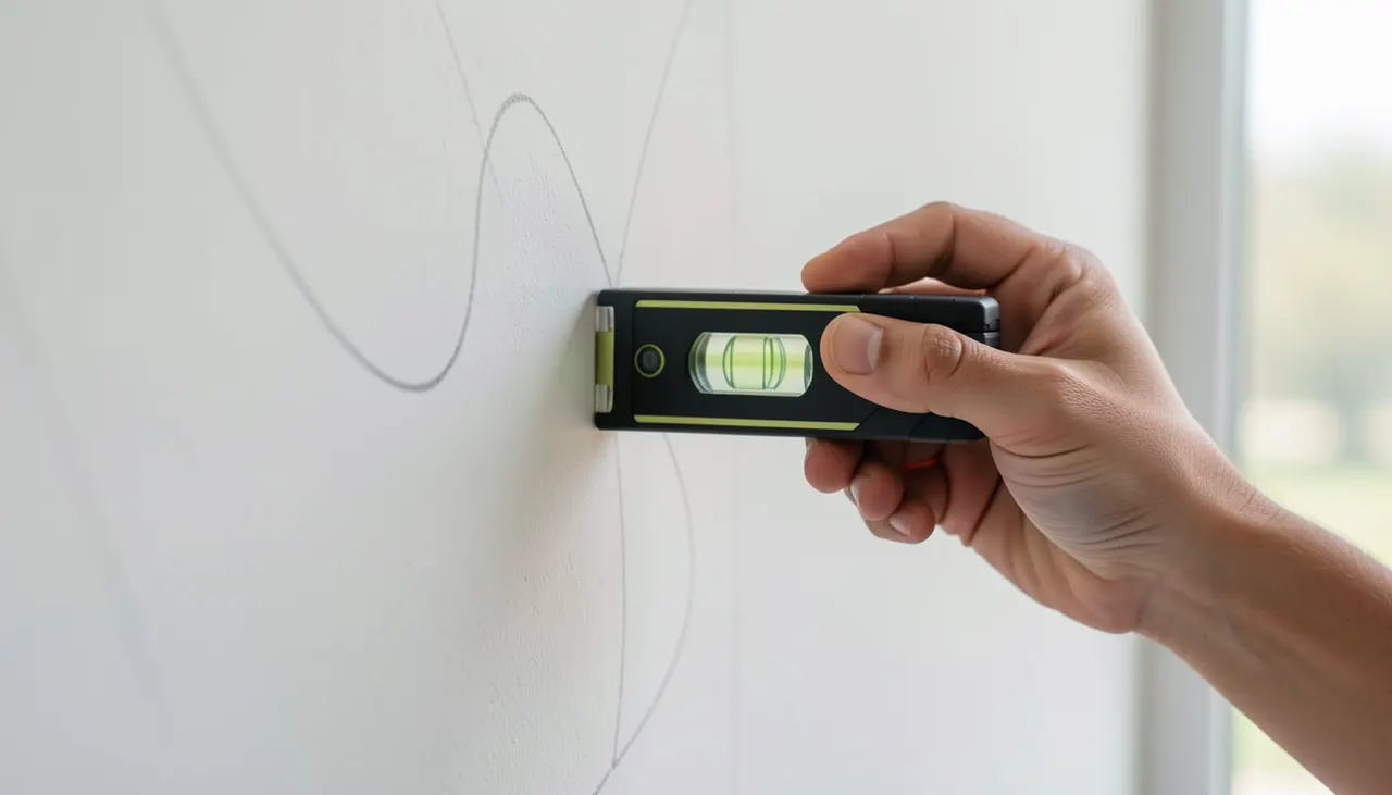 Main tenant un niveau à bulle contre un mur avec des repères au crayon