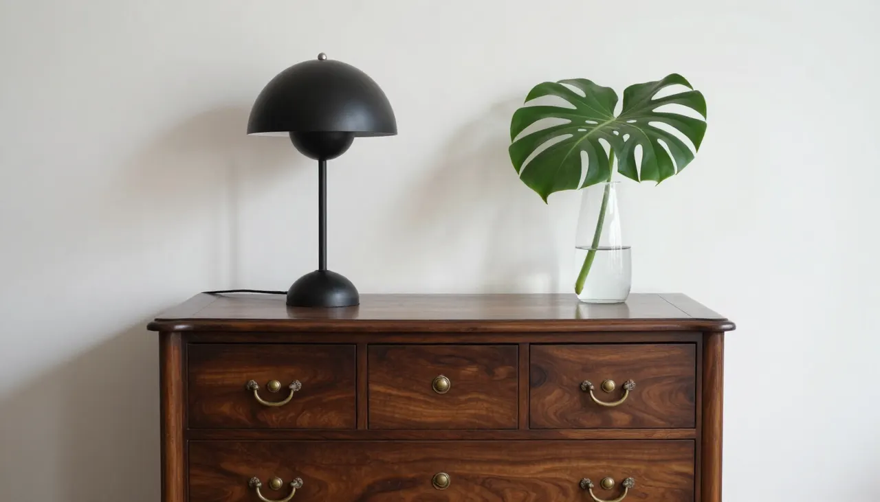 Contraste ancien moderne Commode ancienne et lampe design moderne