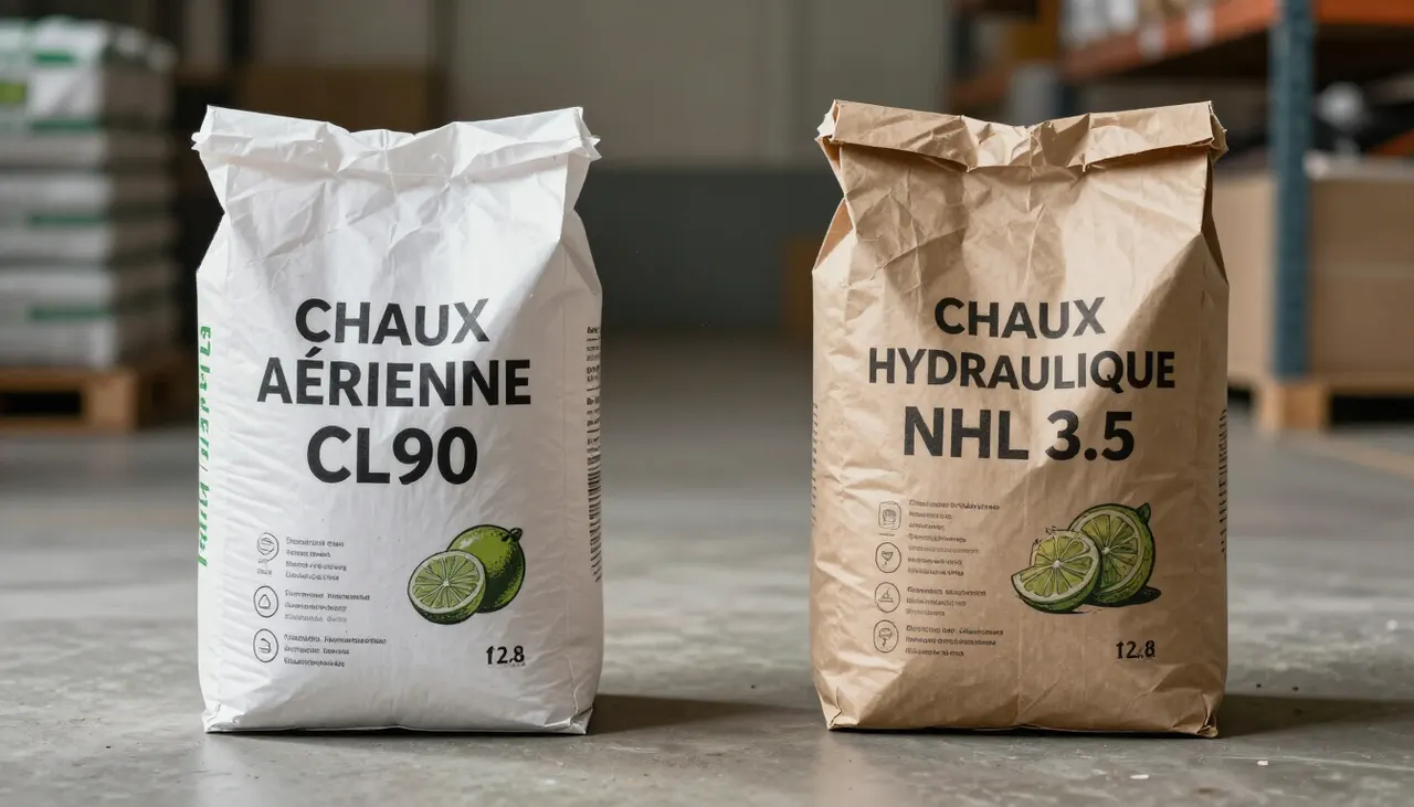 Deux sacs de chaux étiquetés CL90 et NHL 3.5