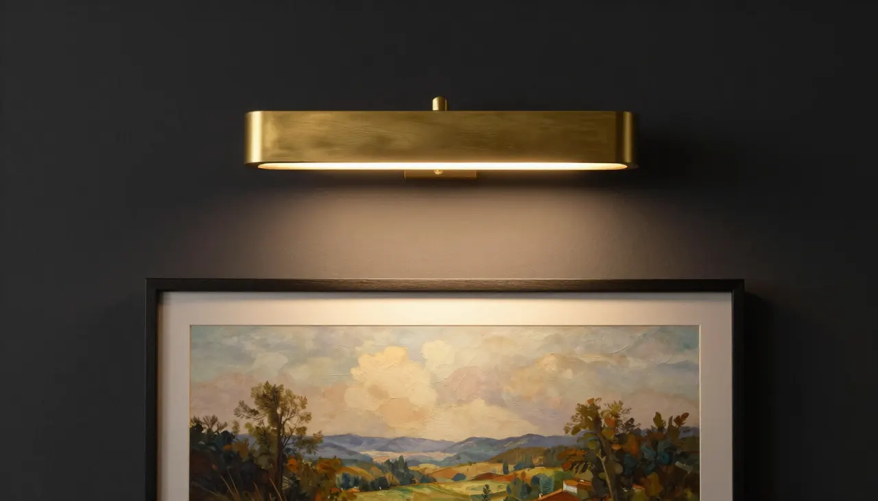 Applique en laiton éclairant un tableau sur mur sombre