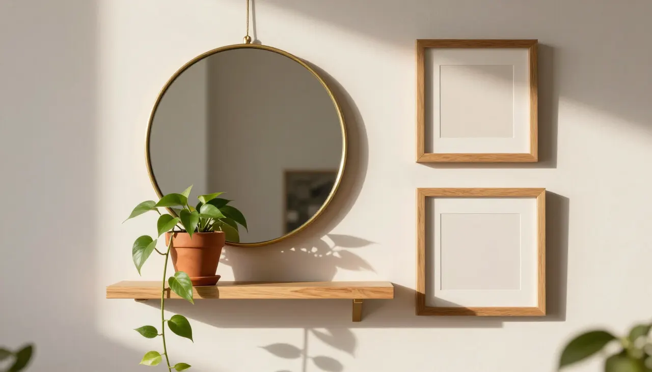 Éléments tridimensionnels Étagère en bois et miroir rond intégrés dans un mur de cadres