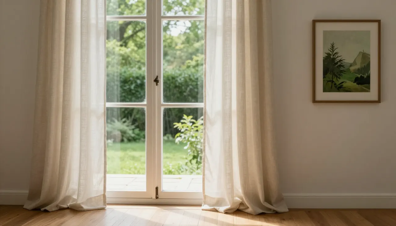 Fenêtre protégée par film et store Fenêtre avec film anti-UV transparent et store enrouleur beige