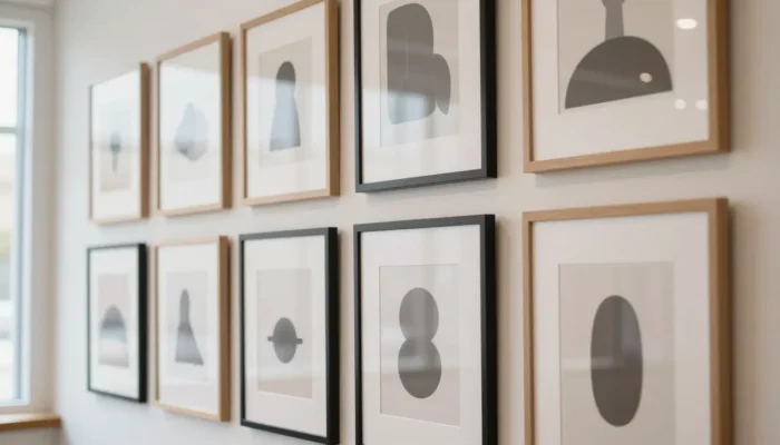 Mur blanc décoré de cadres minimalistes avec dessins