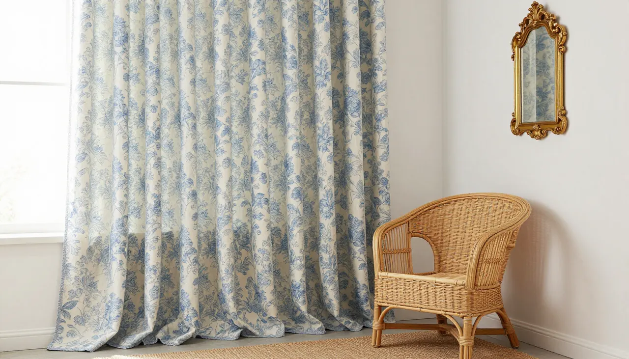 Grandmillennial petit espace Studio optimisé avec rideau fleuri et miroir