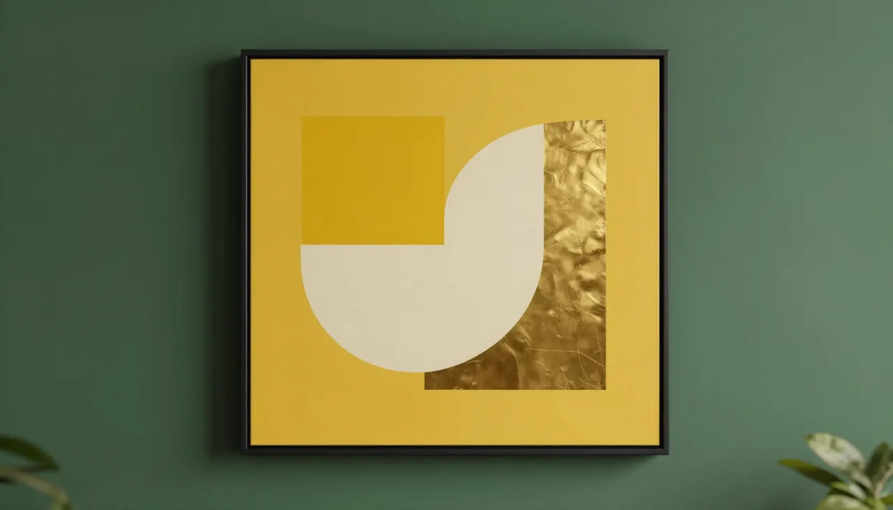 Tableau jaune et doré sur mur vert forêt