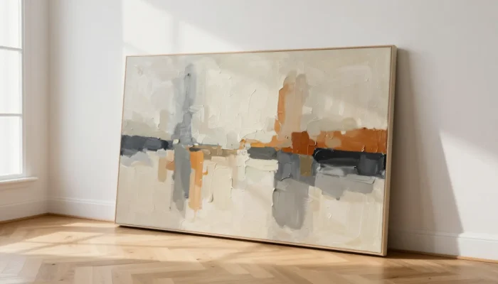 Grand tableau posé au sol dans un salon
