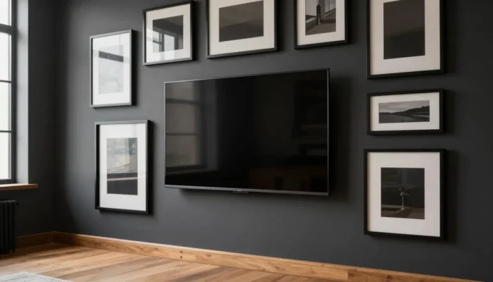Télévision intégrée dans un mur de cadres
