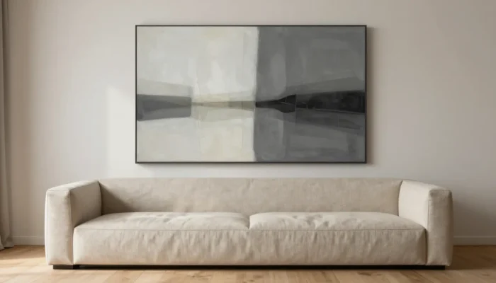 Grand tableau horizontal au-dessus d'un canapé moderne
