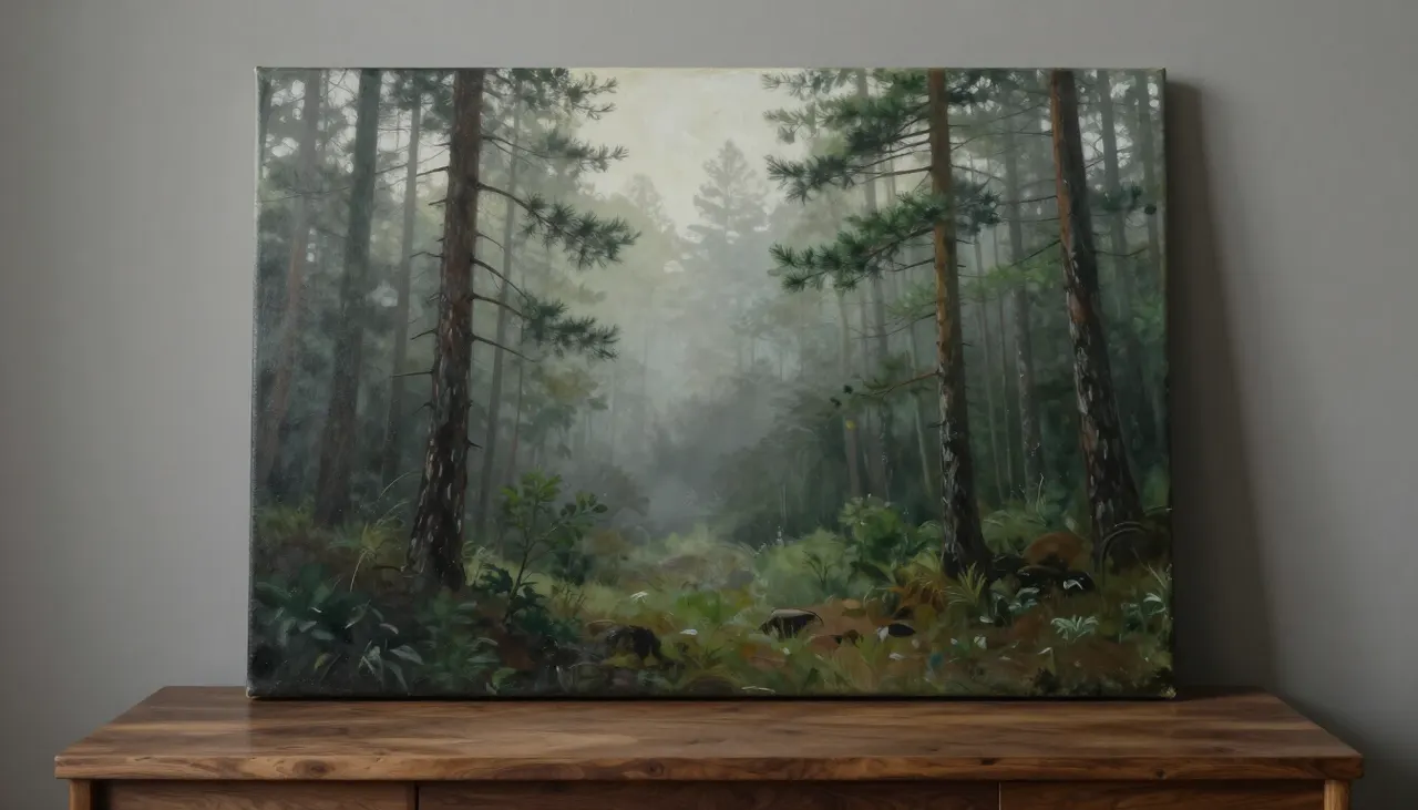 La pause visuelle Tableau de forêt brumeuse au-dessus d'un bureau