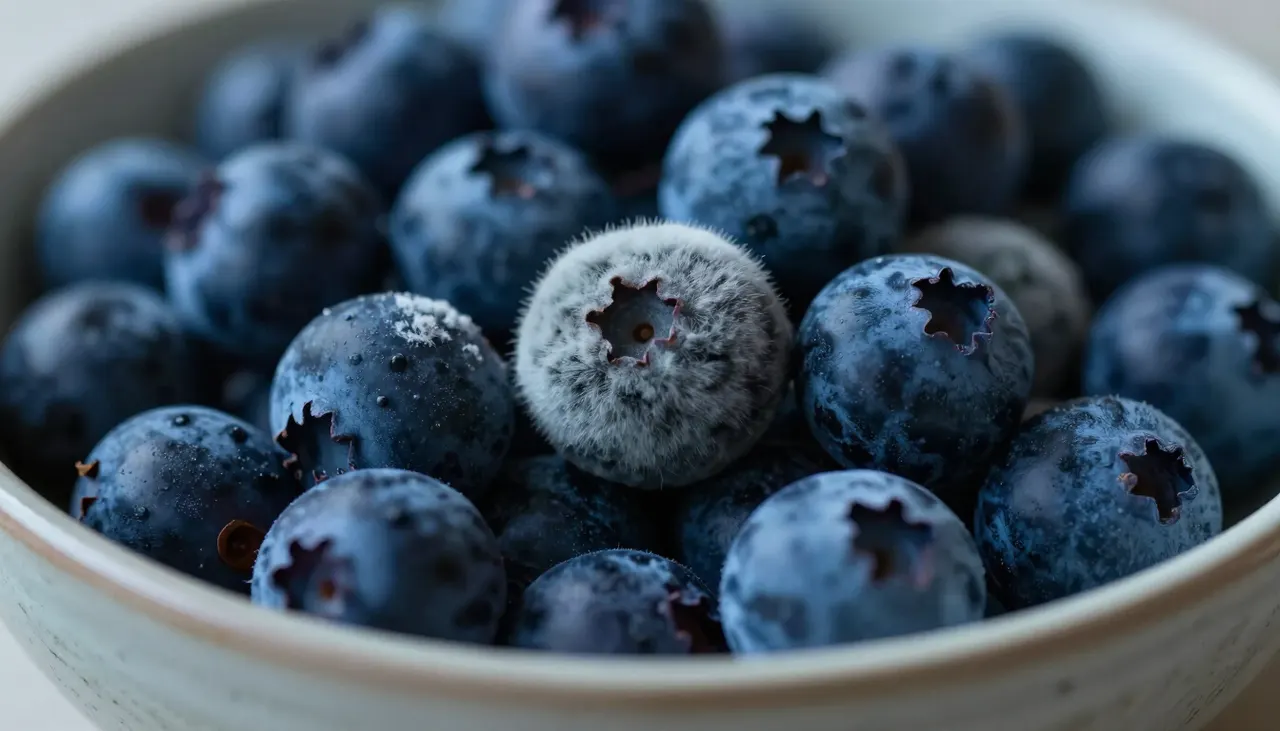 Le bleu en cuisine Assiette de baies bleues sur fond sombre