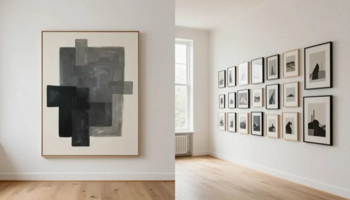 Salon moderne avec choix entre tableau XXL et galerie