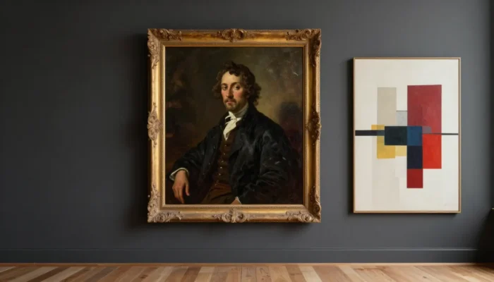 Salon élégant mélangeant art classique et contemporain