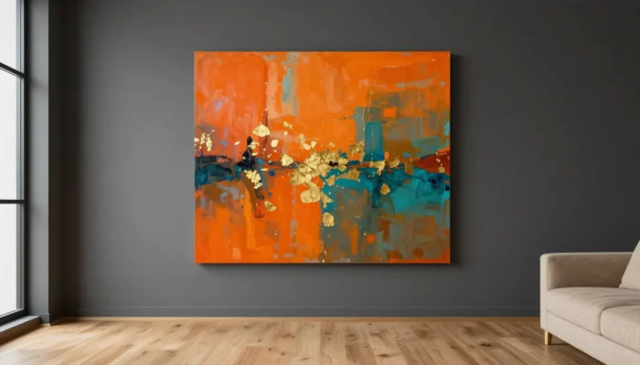 Grand tableau abstrait coloré sur mur anthracite