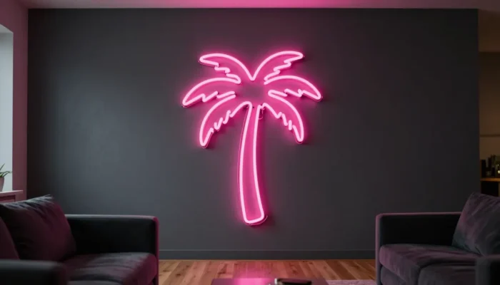Néon mural rose dans un salon moderne
