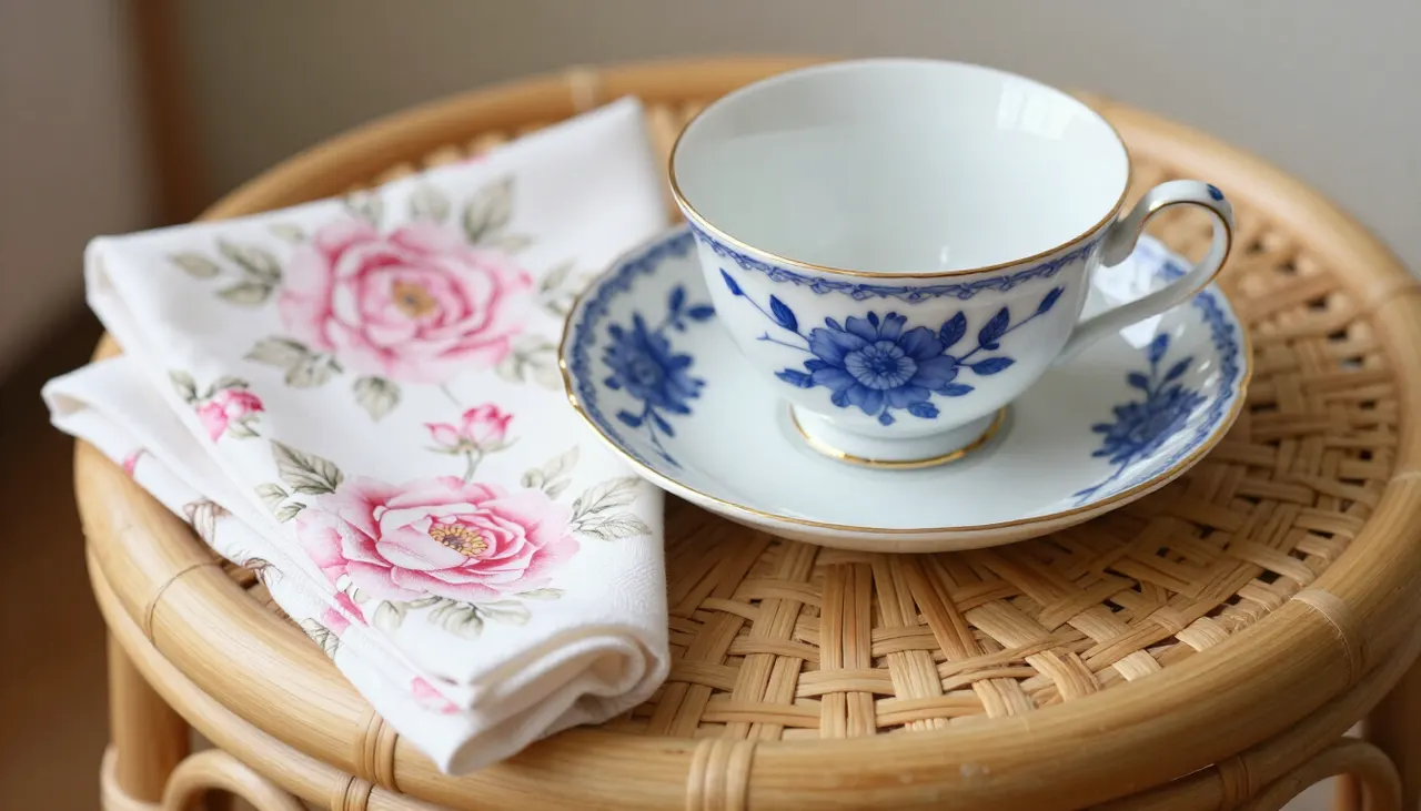 Rotin et porcelaine Fauteuil en rotin et tasse en porcelaine