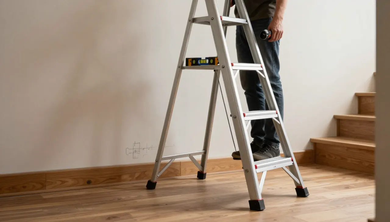 Escabeau réglable positionné stable sur deux marches escalier