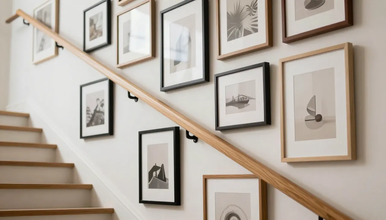 Galerie de cadres alignés selon la pente d'escalier