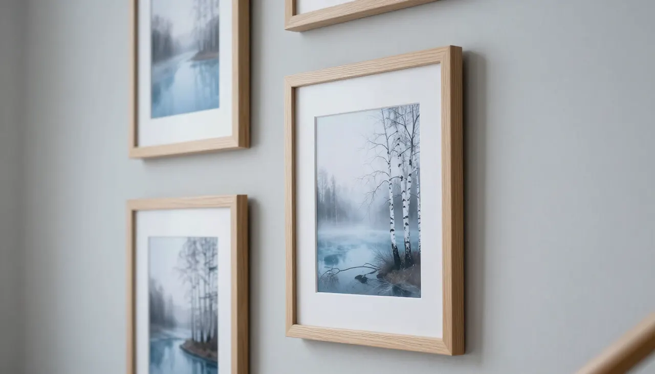 Cadres photo style scandinave sur mur d'escalier