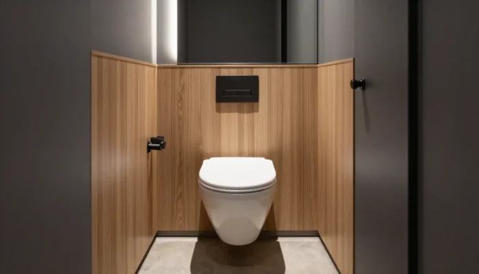 Petites toilettes modernes aux murs sombres et bois